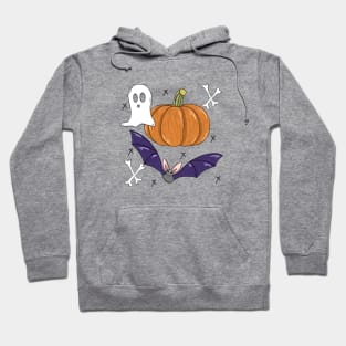 Fun Halloween pumpkin, bats, bones, ghost illustration Hoodie